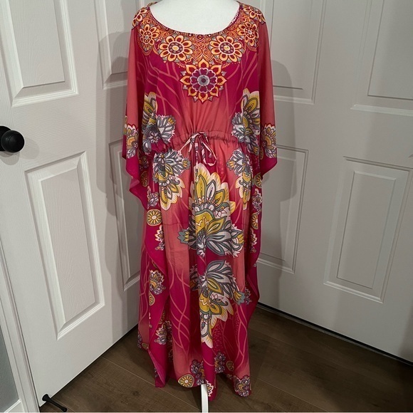 California Vibrant Pink Kaftan Tunic Gold Bling Colorful Waist Tie Women OneSize - Picture 2 of 12